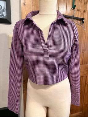 Zara Pink and Navy Houndstooth Collared Crop Top